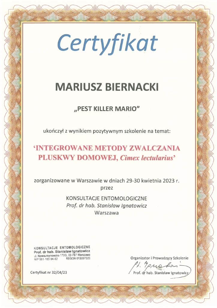certyfikat Pest Killer Mario Mariusz Biernacki