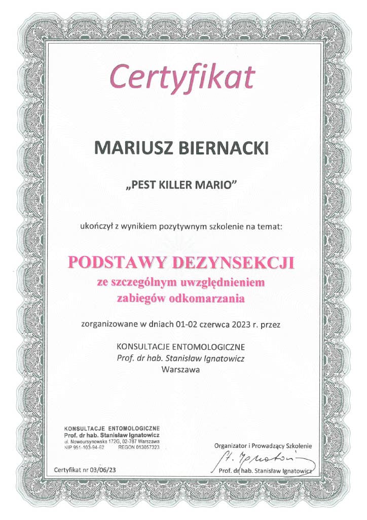 certyfikat Pest Killer Mario Mariusz Biernacki 1